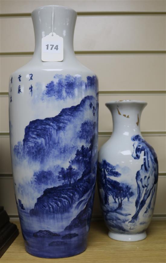 A Chinese blue and white baluster vase, decorated with a landscape, Largest 17.25in.